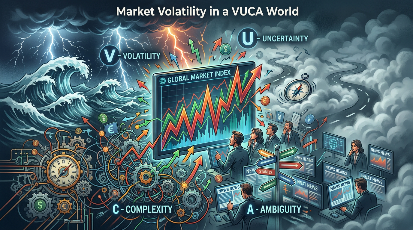 Chart of global market index surrounded by symbols representing volatility, uncertainty, complexity, ambiguity with people analyzing data and market signs