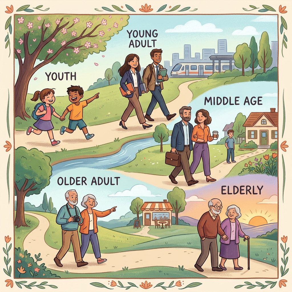 Children playing, young adults walking, middle-aged couple outside home, older adults walking, elderly couple at sunset